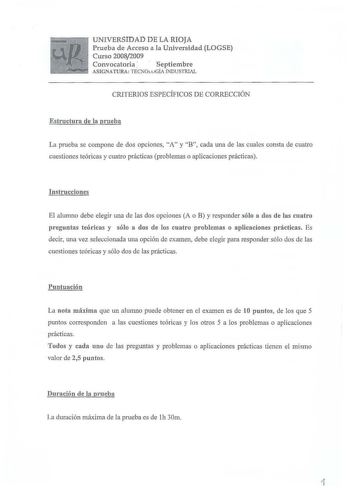 Examen de Tecnología Industrial (selectividad de 2009)