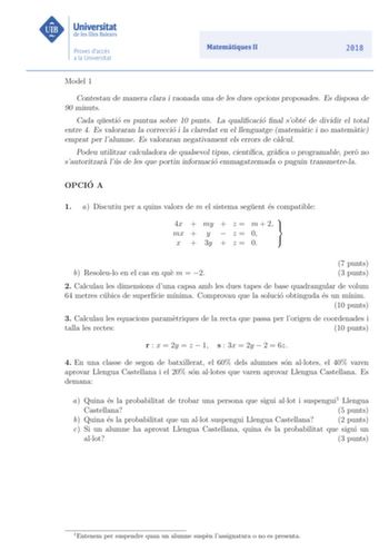 Examen de Matemáticas II (PBAU de 2018)