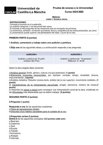Examen de Coro y Técnica Vocal (EvAU de 2025)