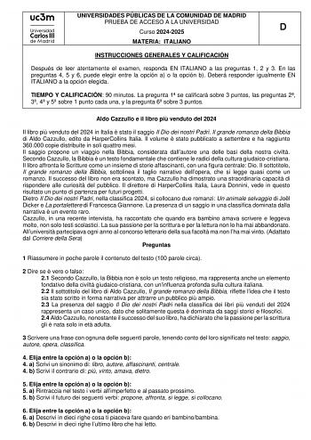 Examen de Italiano (EvAU de 2025)