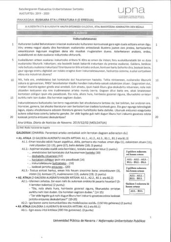 Examen de Lengua Vasca y Literatura (EvAU de 2020)