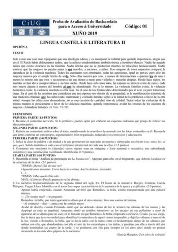Examen de Lengua Castellana y Literatura (ABAU de 2019)
