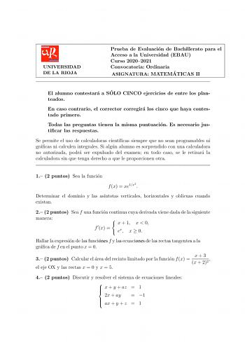 Examen de Matemáticas II (EBAU de 2021)