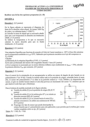 PRUEBAS DE ACCESO A LA UNIVERSIDAD EXAMEN DE TECNOLOGÍA INDUSTRIAL 11 CURSO 20122013 upna Realizar una ele las dos opciones propuestas A o B OPCIÓN A Ejercicio 1 25 puntos En la figura adjunta se representa el diagrama de fases de la aleación cobreníquel Se toman 1000 Kg de cobre y se calientan hasta t  1200 C a Calcular la masa de níquel que es necesario aftadir para que a esa temperatura la aleación sea totalmente sólida 125 puntos b Indicar la temperatura a la que es necesario calentar la nu…