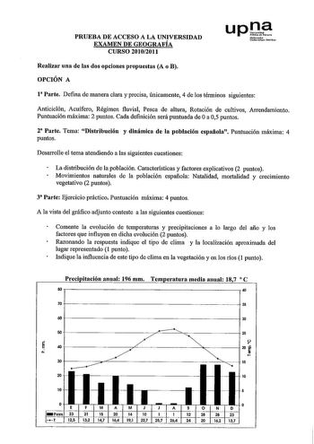 PRUEBA DE ACCESO A LA UNIVERSIDAD EXAMEN DE GEOGRAFÍA CURSO 20102011 upJe Norouooko Uoiber11u1 Pablikoa Realizar una de las dos opciones propuestas A o B OPCIÓN A 1 Parte Defina de manera clara y precisa únicamente 4 de los términos siguientes Anticiclón Acuífero Régimen fluvial Pesca de altura Rotación de cultivos Arrendamiento Puntuación máxima 2 puntos Cada definición será puntuada de Oa 05 puntos 2 Parte Tema Distribución y dinámica de la población española Puntuación máxima 4 puntos Desarr…