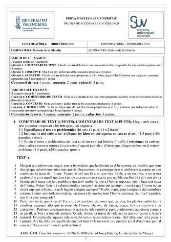 Historia de la Filosofía – PAU Comunidad Valenciana (2026)