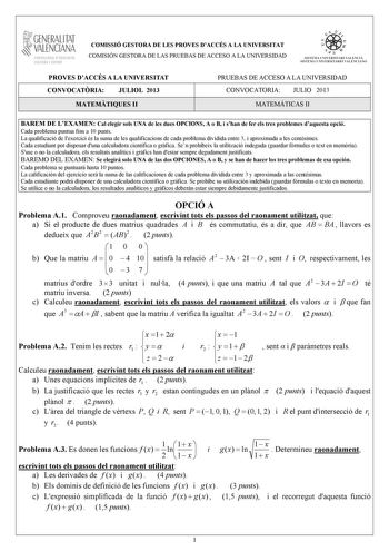 GENERALITAT VALENCIANA CONSELLIRIA OEDUCACIÓ CULTURA 1 SPORT COMISSIÓ GESTORA DE LES PROVES DACCÉS A LA UNIVERSITAT COMISIÓN GESTORA DE LAS PRUEBAS DE ACCESO A LA UNIVERSIDAD   n   S IST EMA UNIVERS ITA RI VAL ENCIÁ SIST EMA UN IVERSITARIO VAL ENCIANO PROVES DACCÉS A LA UNIVERSITAT CONVOCATRIA JULIOL 2013 MATEMTIQUES II PRUEBAS DE ACCESO A LA UNIVERSIDAD CONVOCATORIA JULIO 2013 MATEMÁTICAS II BAREM DE LEXAMEN Cal elegir sols UNA de les dues OPCIONS A o B i shan de fer els tres problemes daquest…