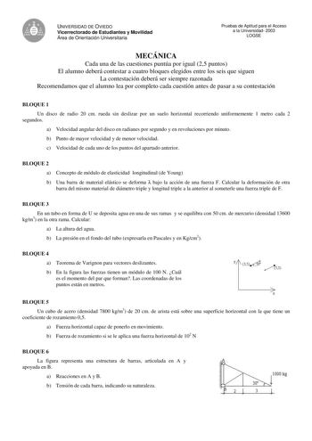 UNIVERSIDAD DE OVIEDO Vicerrectorado de Estudiantes y Movilidad Área de Orientación Universitaria Pruebas de Aptitud para el Acceso a la Universidad 2003 LOGSE MECÁNICA Cada una de las cuestiones puntúa por igual 25 puntos El alumno deberá contestar a cuatro bloques elegidos entre los seis que siguen La contestación deberá ser siempre razonada Recomendamos que el alumno lea por completo cada cuestión antes de pasar a su contestación BLOQUE 1 Un disco de radio 20 cm rueda sin deslizar por un sue…