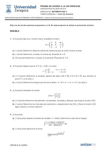 Examen de Matemáticas II (PAU de 2014)