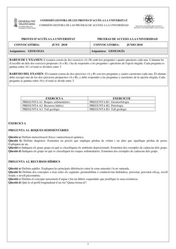 Examen de Geología y Ciencias Ambientales (PAU de 2018)