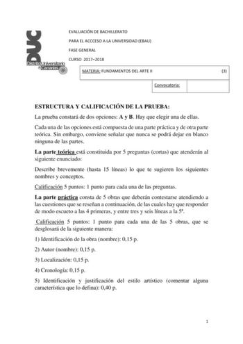 EVALUACIÓN DE BACHILLERATO PARA EL ACCCESO A LA UNIVERSIDAD EBAU FASE GENERAL CURSO 20172018 MATERIA FUNDAMENTOS DEL ARTE II 3 Convocatoria ESTRUCTURA Y CALIFICACIÓN DE LA PRUEBA La prueba constará de dos opciones A y B Hay que elegir una de ellas Cada una de las opciones está compuesta de una parte práctica y de otra parte teórica Sin embargo conviene señalar que nunca se podrá dejar en blanco ninguna de las partes La parte teórica está constituida por 5 preguntas cortas que atenderán al sigui…