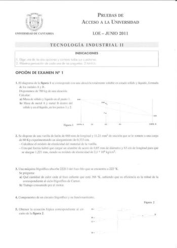 PRUEBAS DE ACCFSO A LA UNIVERSIDAD UNIVERSIOAD DE CANTABRlA LOE  JUNIO 2011 TECNOLOGÍA INDUSTRIAL 11 INDICACIONES 1 rlige no de as do opclonel y conesc iodo s ces110 oe 2 lvóximn punuocióe do cedo uno 1os oreguntcs 2 ru OS OPCIÓN DE EXAMEN N2 1 1 lil tli11n11rn1 de 111 lig11r11 1se cnncs1l11dc con una alcnci ón IUldnicntc soluble en cswd1 06iil1 y lít11id11 formada ele los mciale A y B Dispo11c111ns de 700 kg de unt1 ale11ción  O ilc11hir a Mosa ele sólido y líquido en el pu1110 1  h M11s11 ele…