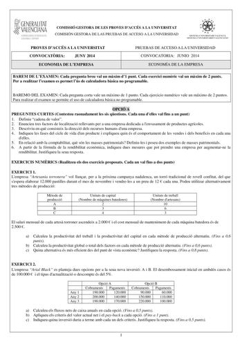 Examen de Economía de la Empresa (PAU de 2014)