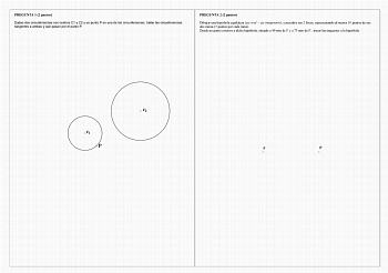 PREGUNTA 1 2 puntos Dadas dos circunferencias con centros C1 y C2 y un punto P en una de las circunferencias hallar las circunferencias tangentes a ambas y que pasan por el punto P PREGUNTA 2 2 puntos Dibujar una hipérbola equilátera eje real  eje imaginario conocidos sus 2 focos representando al menos 10 puntos de sus dos ramas 5 puntos por cada rama Desde un punto exterior a dicha hipérbola situado a 40 mm de F y a 75 mm de F trazar las tangentes a la hipérbola c2 c1 P F F PREGUNTA 3 2 puntos…