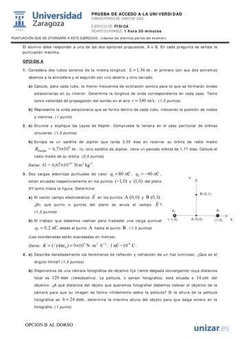 IJ1 Universidad 111 Zaragoza 1542 PRUEBA DE ACCESO A LA UNIVERSIDAD CONVOCATORIA DE JUNIO DE 2012 EJERCICIO DE FÍSICA TIEMPO DISPONIBLE 1 hora 30 minutos PUNTUACIÓN QUE SE OTORGARÁ A ESTE EJERCICIO véanse las distintas partes del examen El alumno debe responder a una de las dos opciones propuestas A o B En cada pregunta se señala la puntuación máxima OPCIÓN A 1 Considere dos tubos sonoros de la misma longitud L  1 36 m  el primero con sus dos extremos abiertos a la atmósfera y el segundo con un…