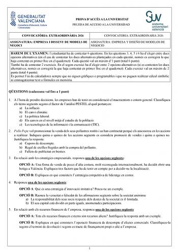 Empresa y Diseño de Modelos de Negocio – PAU Comunidad Valenciana (2026)