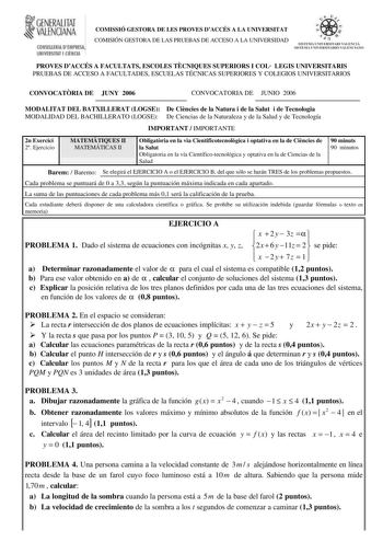 GEN RAIITAT VALENCIANA COISELllltlADEI llE5A IINMRSITAT I CIENCUI COMISSIÓ GESTORA DE LES PROVES DACCÉS A LA UNIVERSITAT COMISIÓN GESTORA DE LAS PRUEBAS DE ACCESO A LA UNIVERSIDAD iJ  l t or n  ISTEMc l UIERSíUJtl UIElli J  SI JMA l lii llrfJtlf í N111 u11r1ANII PROVES DACCÉS A FACULTATS ESCOLES TCNIQUES SUPERIORS I COL LEGIS UNIVERSITARIS PRUEBAS DE ACCESO A FACULTADES ESCUELAS TÉCNICAS SUPERIORES Y COLEGIOS UNIVERSITARIOS CONVOCATRIA DE JUNY 2006 CONVOCATORIA DE JUNIO 2006 MODALITAT DEL BATXI…