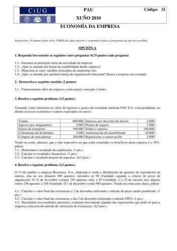 Examen de Economía de la Empresa (PAU de 2010)