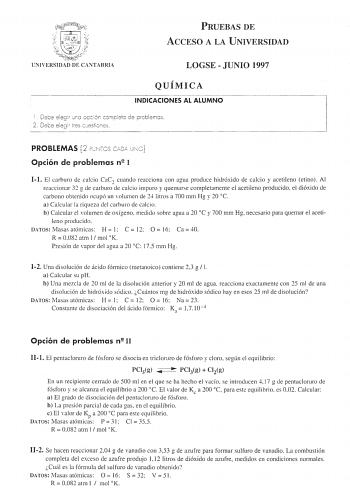 Examen de Química (selectividad de 1997)