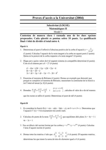 Examen de Matemáticas II (selectividad de 2004)