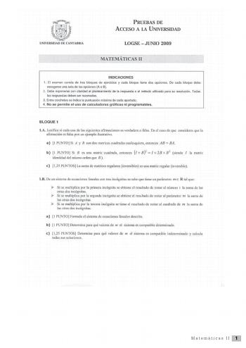 Examen de Matemáticas II (selectividad de 2009)