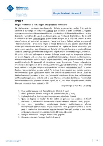 Examen de Lengua Catalana y Literatura (PBAU de 2019)