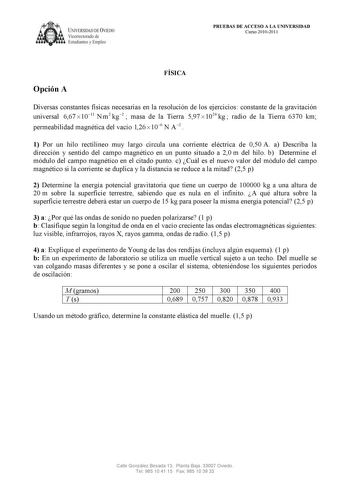 UNIVERSIDAD DE VJEDO  Vicerrectorado de Estudiantes y Empleo PRUEBAS DE ACCESO A LA UNIVERSIDAD Curso 20102011 Opción A FÍSICA Diversas constantes físicas necesarias en la resolución de los ejercicios constante de la gravitación universal 667 1011 N m2 kg2  masa de la Tierra 597 1024 kg  radio de la Tierra 6370 km permeabilidad magnética del vacío 126 106 N A2  1 Por un hilo rectilíneo muy largo circula una corriente eléctrica de 050 A a Describa la dirección y sentido del campo magnético en un…