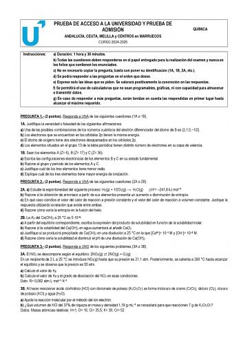 Examen de Química (PEvAU de 2025)