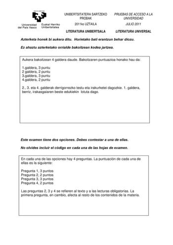 Examen de Literatura Universal (PAU de 2011)