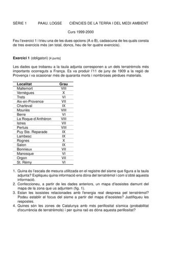 SRIE 1 PAAU LOGSE CINCIES DE LA TERRA I DEL MEDI AMBIENT Curs 19992000 Feu lexercici 1 i trieu una de les dues opcions A o B cadascuna de les quals consta de tres exercicis més en total doncs heu de fer quatre exercicis Exercici 1 obligatori 4 punts Les dades que trobareu a la taula adjunta corresponen a un dels terratrmols més importants ocorreguts a Frana Es va produir l11 de juny de 1909 a la regió de Provena i va ocasionar més de quaranta morts i nombroses prdues materials Localitat Mallemo…