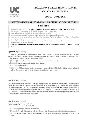Examen de Matemáticas Aplicadas a las Ciencias Sociales (EBAU de 2021)