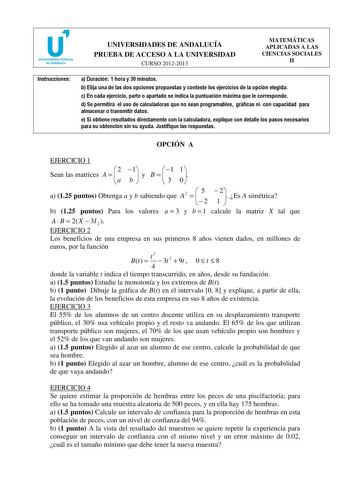 Examen de Matemáticas Aplicadas a las Ciencias Sociales (PAU de 2013)