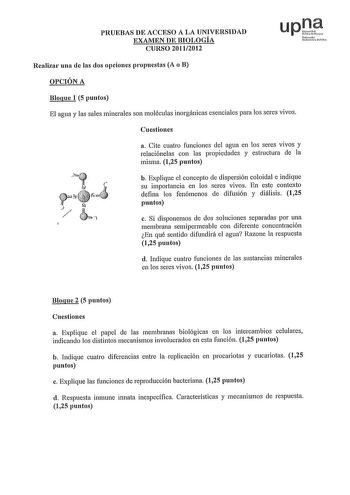 PRUEBAS DE ACCESO A LA UNIVERSIDAD EXAMEN DE BIOLOGÍA CURSO 20112012 Nfmollo unielh1 Realiza una de las dos opciones plopuestas A o B OPCIÓN A Bloque 1 5 puntos El agua y las sales minerales son moléculas inorgánicas esenciales para los seres vivos Cuestiones a Cite cuatro funciones del agua en los seres vivos y relaciónelas con las propiedades y estructura de la misma 125 puntos b Explique el concepto de dispersión coloidal e indique su importancia en los seres vivos En este contexto defina lo…