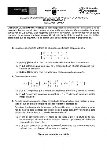 Examen de Matemáticas II (EBAU de 2021)
