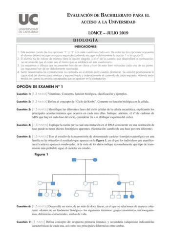 EVALUACIÓN DE BACHILLERATO PARA EL ACCESO A LA UNIVERSIDAD LOMCE  JULIO 2019 BIOLOGÍA INDICACIONES 1 Este examen consta de dos opciones 1 y 2 con siete cuestiones cada una De entre las dos opciones propuestas el alumno deberá escoger una para responderpudiendo escoger indistintamente la opción 1 o la opción 2 2 El alumno ha de indicar de manera clara la opción elegida y el n de la cuestión que desarrollará a continuación se recomienda que el orden sea el mismo que se establece en este cuestiona…