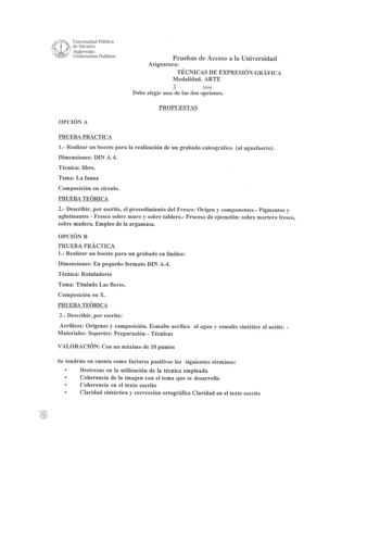 U1ú versi dad Pública de Navarra Nafanooko Unibertsitate Publikoa Pruebas de Acceso a la Universidad Asignatura TÉCNICAS DE EXPRESIÓN GRÁFICA Modalidad ARTE 3 2006 Debe elegir una de las dos opciones PROPUESTAS OPCIÓN A PRUEBA PRÁCTICA 1 Realizar un boceto para la realización de un grabado calcográfico al aguafuerte Dimensiones DIN A 4 Técnica libre Tema La fauna Composición en círculo PRUEBA TEÓRICA 2 Describir por escrito el procedimiento del Fresco Origen y componentes Pigmentos y aglutinant…