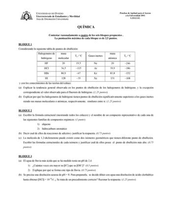 UNIVERSIDAD DE OVIEDO Vicerrectorado de Estudiantes y Movilidad Área de Orientación Universitaria QUÍMICA Pruebas de Aptitud para el Acceso a la Universidad 2001 LOGSE Contestar razonadamente a cuatro de los seis bloques propuestos  La puntuación máxima de cada bloque es de 25 puntos BLOQUE 1 Considerando la siguiente tabla de puntos de ebullición Halogenuros de masa hidrógeno molecular Te  C Gases inertes masa atómica Te  C HF 20 195 Ne 20 246 HCl 365 115 Ar 399 186 HBr 809 67 Kr 838 152 HI 12…