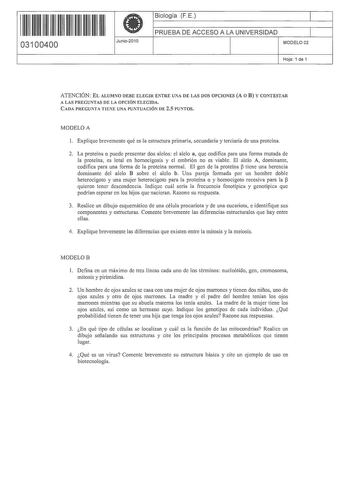 1 111 111111 1 111 11 03100400 Junio2010 Biología FE 1 PRUEBA DE ACCESO A LA UNIVERSIDAD 1 MODELO 02 Hoja 1 de 1 ATENCIÓN EL ALUMNO DEBE ELEGIR ElffRE UNA DE LAS DOS OPCIONES A O B Y CONTESTAR A LAS PREGUNTAS DE LA OPCIÓN ELEGIDA CADA PREGUlliTA TIENE UNA PUlffUACIÓN DE 25 PUTOS MODELO A l Explique brevemente qué es la estructura primaria secundaria y terciaria de una proteína 2 La proteína a puede presentar dos alelos el alelo a que codifica para una forma mutada de la proteína es letal en hom…