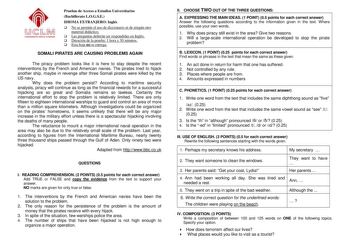 Jl  LM LmAUiNfDliW llIIIIIMDM Pruebas de Acceso a Estudios Universitarios Bachillerato LOGSE IDIOMA EXTRANJERO Inglés  No se permite el uso de diccionario ni de ningún otro material didáctico  Las preguntas deberán ser respondidas en Inglés  Duración de la prueba 1 hora y 30 minutos  Esta hoja no se entrega SOMALI PIRATES ARE CAUSING PROBLEMS AGAIN The piracy problem looks like it is here to stay despite the recent interventions by the French and American navies The pirates tried to hijack anot…