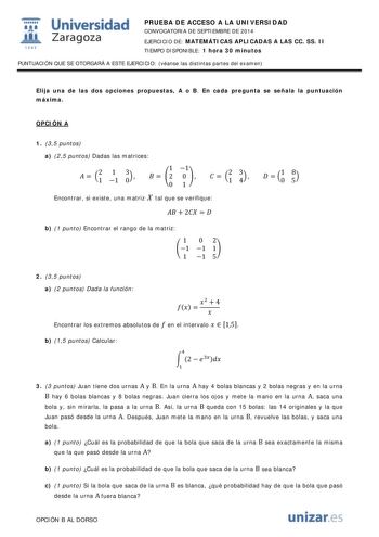 Examen de Matemáticas Aplicadas a las Ciencias Sociales (PAU de 2014)