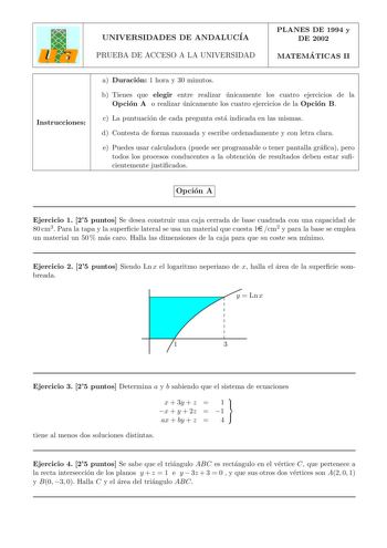 Examen de Matemáticas II (selectividad de 2004)