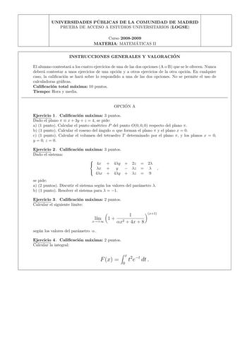 Examen de Matemáticas II (selectividad de 2009)