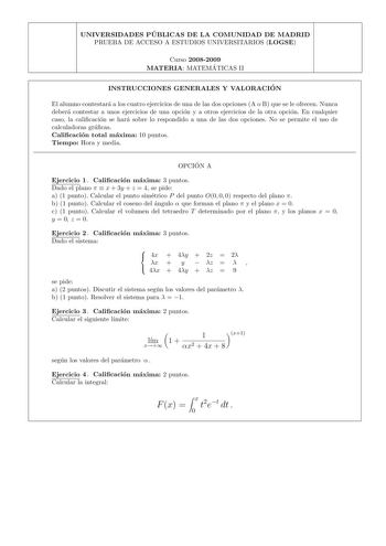 Examen de Matemáticas II (selectividad de 2009)