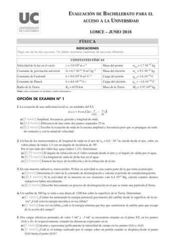 Examen de Física (EBAU de 2018)