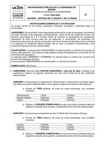 Examen de Historia de la Música y de la Danza (EvAU de 2025)