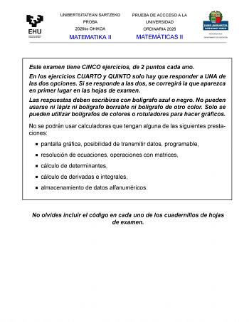 Matemáticas II – EAU País Vasco (2026)