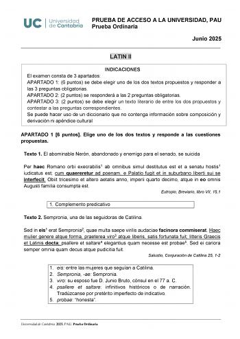 Examen de Latín II (EBAU de 2025)