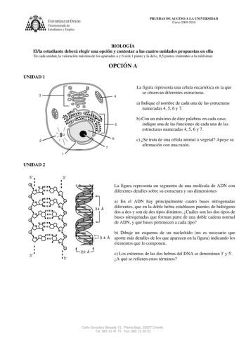 IVERSIDAD DE VIEDO  Vicerrectorado de Estudiantes y Empleo PRUEBAS DE ACCESO A LA UNIVERSIDAD Curso 20092010 BIOLOGÍA Ella estudiante deberá elegir una opción y contestar a las cuatro unidades propuestas en ella En cada unidad la valoración máxima de los apartados a y b será 1 punto y la del c 05 puntos redondeo a la milésima OPCIÓN A UNIDAD 1 La figura representa una célula eucariótica en la que se observan diferentes estructuras 3 4 a Indique el nombre de cada una de las estructuras numeradas…