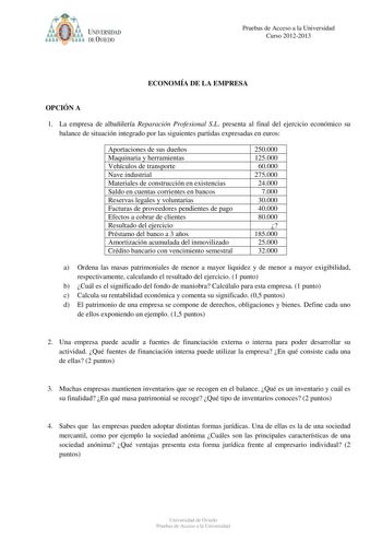 Examen de Economía de la Empresa (PAU de 2013)