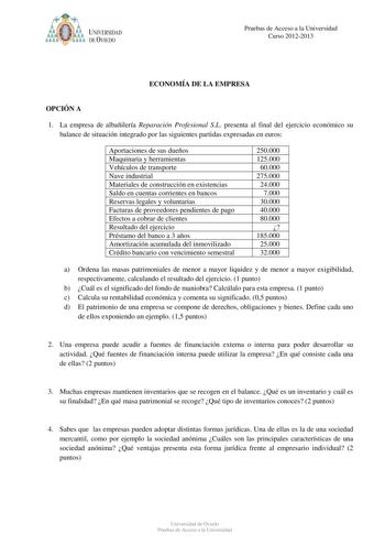 a    UNIVERSIDAD DE VlEDO Pruebas de Acceso a la Universidad Curso 20122013 ECONOMÍA DE LA EMPRESA OPCIÓN A 1 La empresa de albañilería Reparación Profesional SL presenta al final del ejercicio económico su balance de situación integrado por las siguientes partidas expresadas en euros Aportaciones de sus dueños Maquinaria y herramientas Vehículos de transporte Nave industrial Materiales de construcción en existencias Saldo en cuentas corrientes en bancos Reservas legales y voluntarias Facturas …